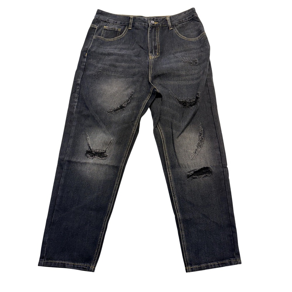 SheIn Jeans Mens 33x27‎ Black Distressed Ripped High Rise Straight Leg Denim